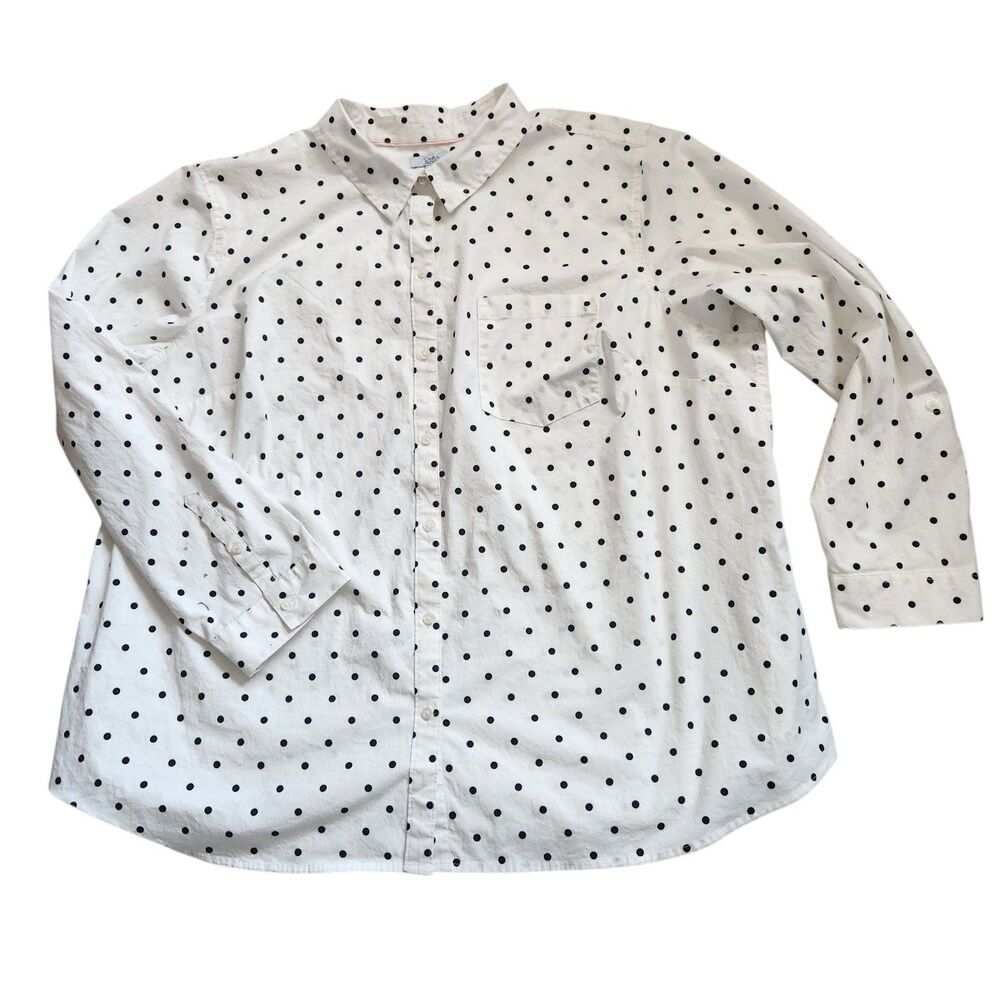 Croft & Barrow Plus 3X B/W Polka Dot Cotton Stretch Work Shirt Classic Preppy